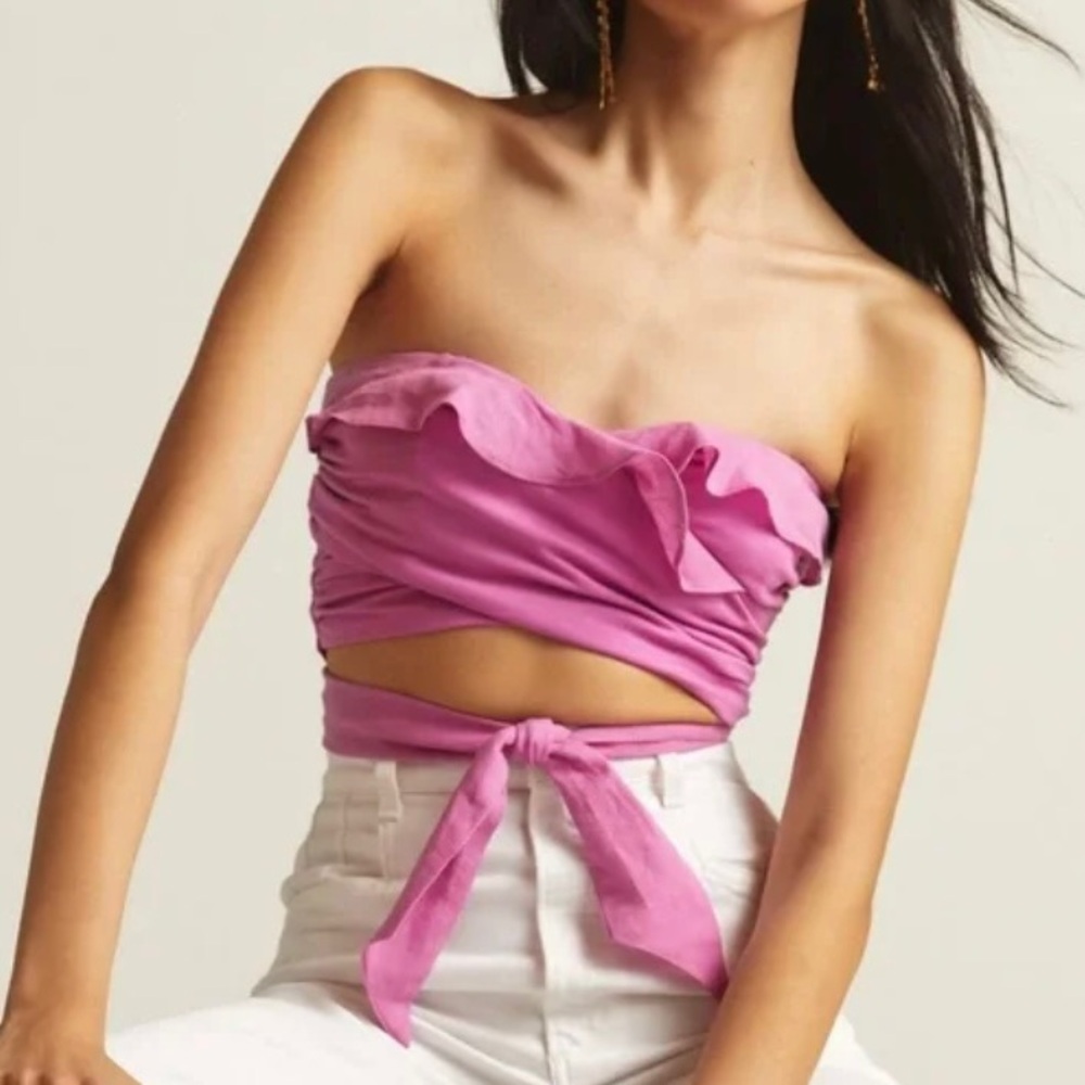 Anthropologie Ruffled Cotton Linen Crisscross Tube Top Large Pink NWOT